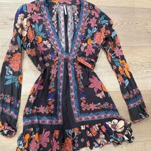 Free People Black Multicolor Floral Long Sleeve Dress